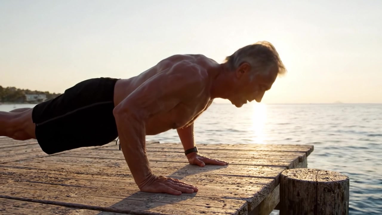 Un uomo anziano in forma che esegue flessioni su un molo di legno al tramonto vicino all'acqua, mostrando forza e determinazione su uno sfondo sereno