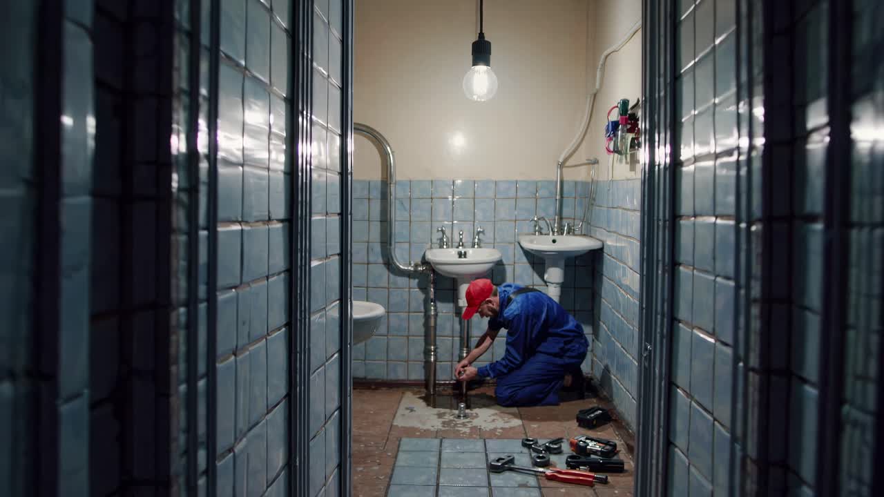 En lav vinkel fanger en person i et svakt opplyst, smalt bad, og skaper en mystisk, kinematisk følelse