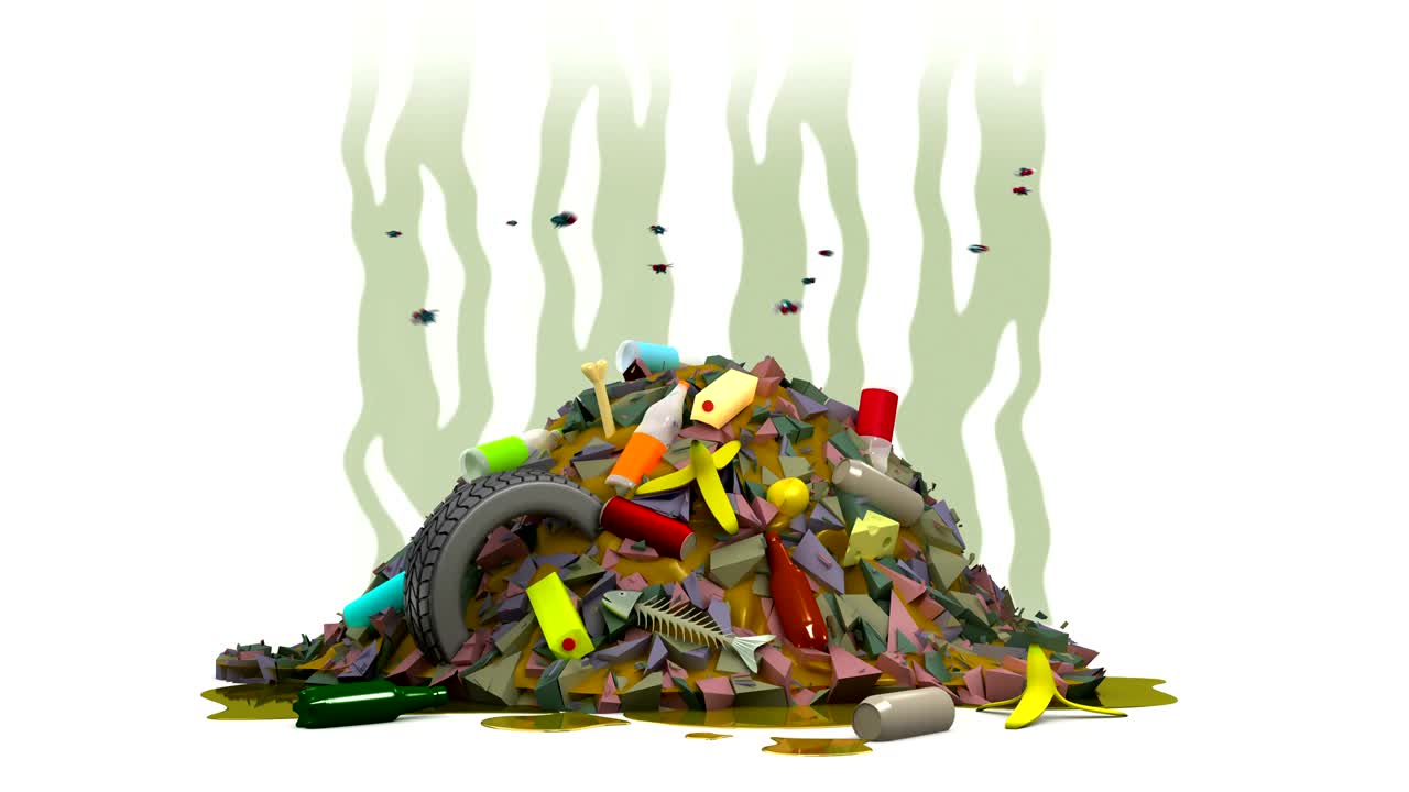 파리와 함께 쓰레기 매립지 - 만화 스타일의 3d 애니메이션 - 알파 채널, 루프 가능