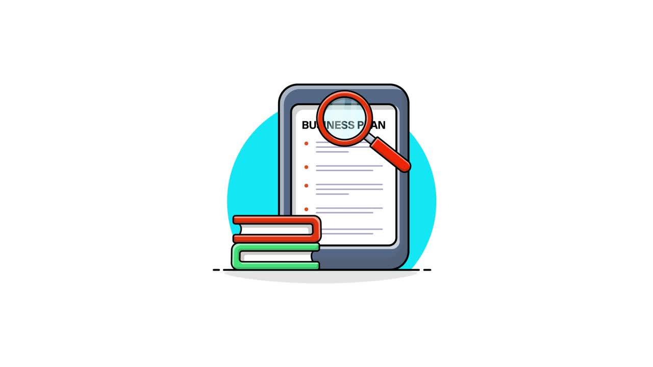 Animated Business Plan Review on Tablet with Magnifying Glass