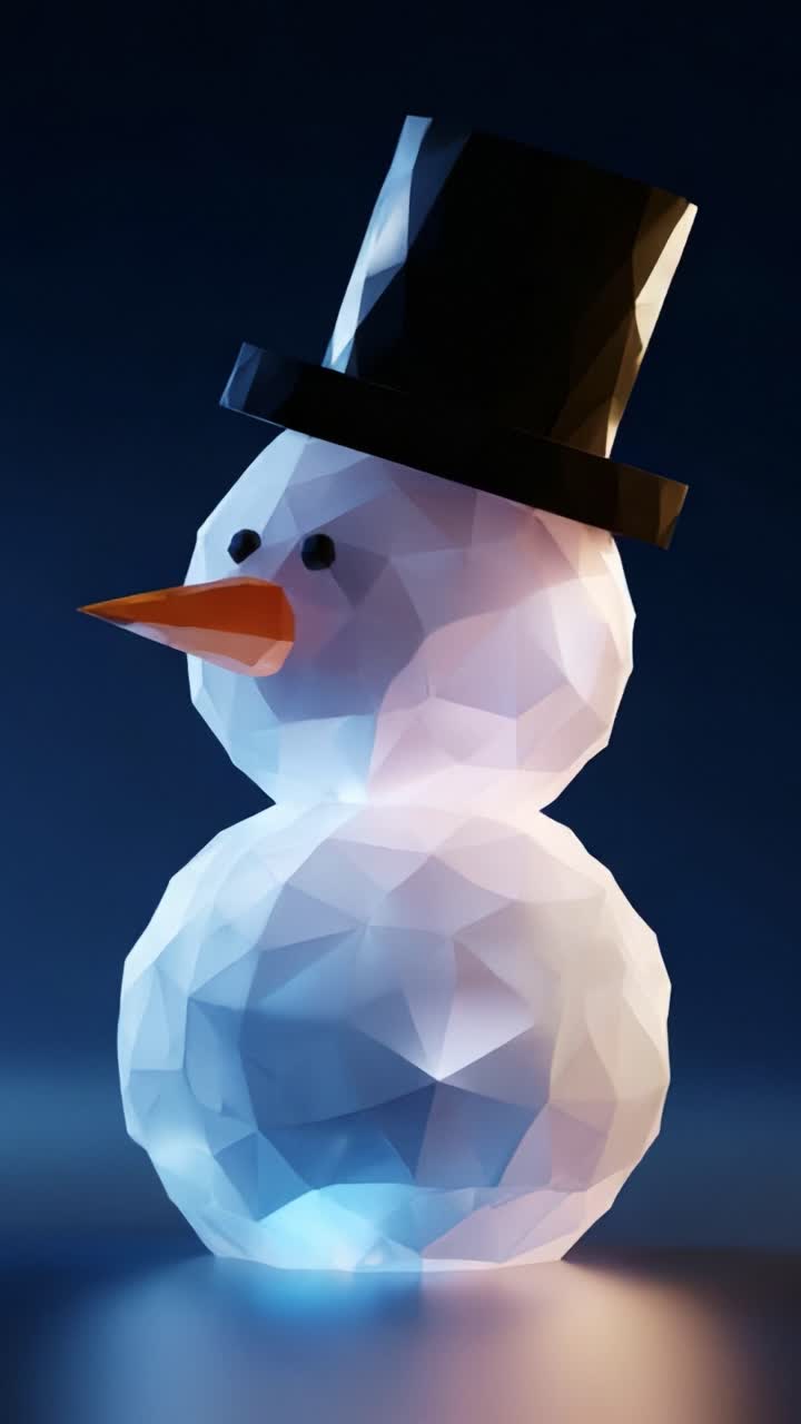 A beautifully crafted, low-poly snowman with a classic black top hat and a bright orange carrot nose, illuminated softly to enhance its geometric features against a dark background