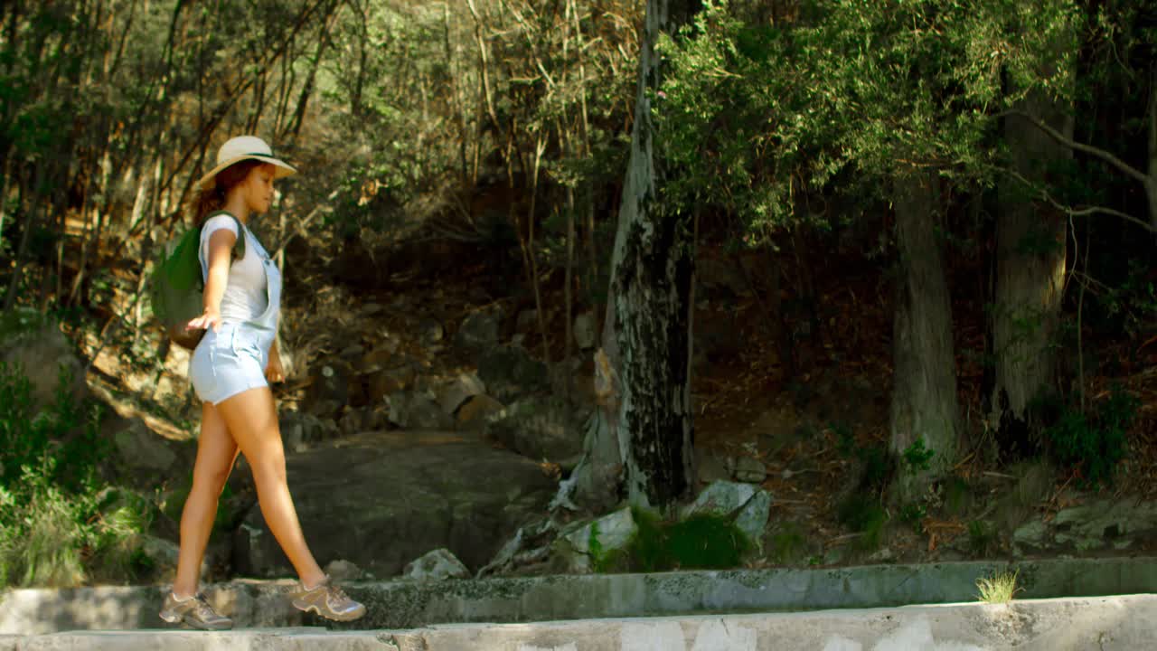 excursionista femenina caminando en el campo 4k