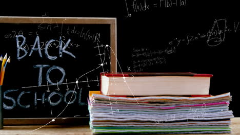 mathematical equations floating against board with text back to school and stack of books