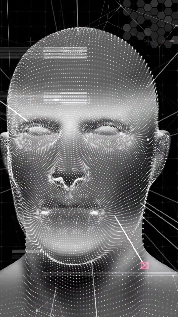 Vertical video: Scan band crossing mid-face activating probes scanning point-cloud head for mapping