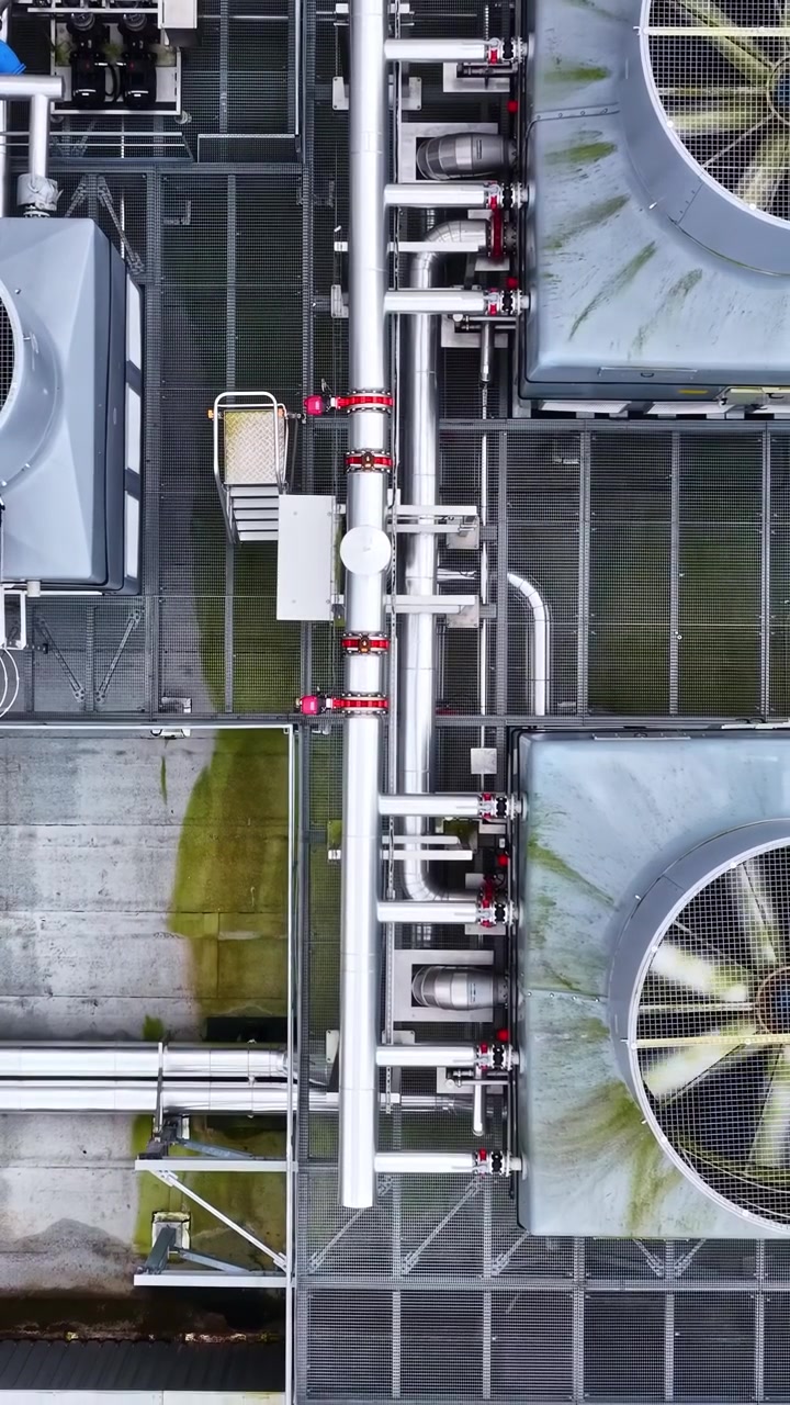 Cinematic birdseye view of a modern industrial rooftop cooling system with spinning ventilation fans and silver pipelines. Great for energy, infrastructure, and technology themes.
