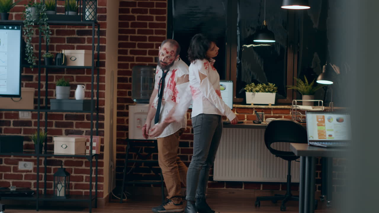 Creepy dangerous looking zombies wandering inside office workspace