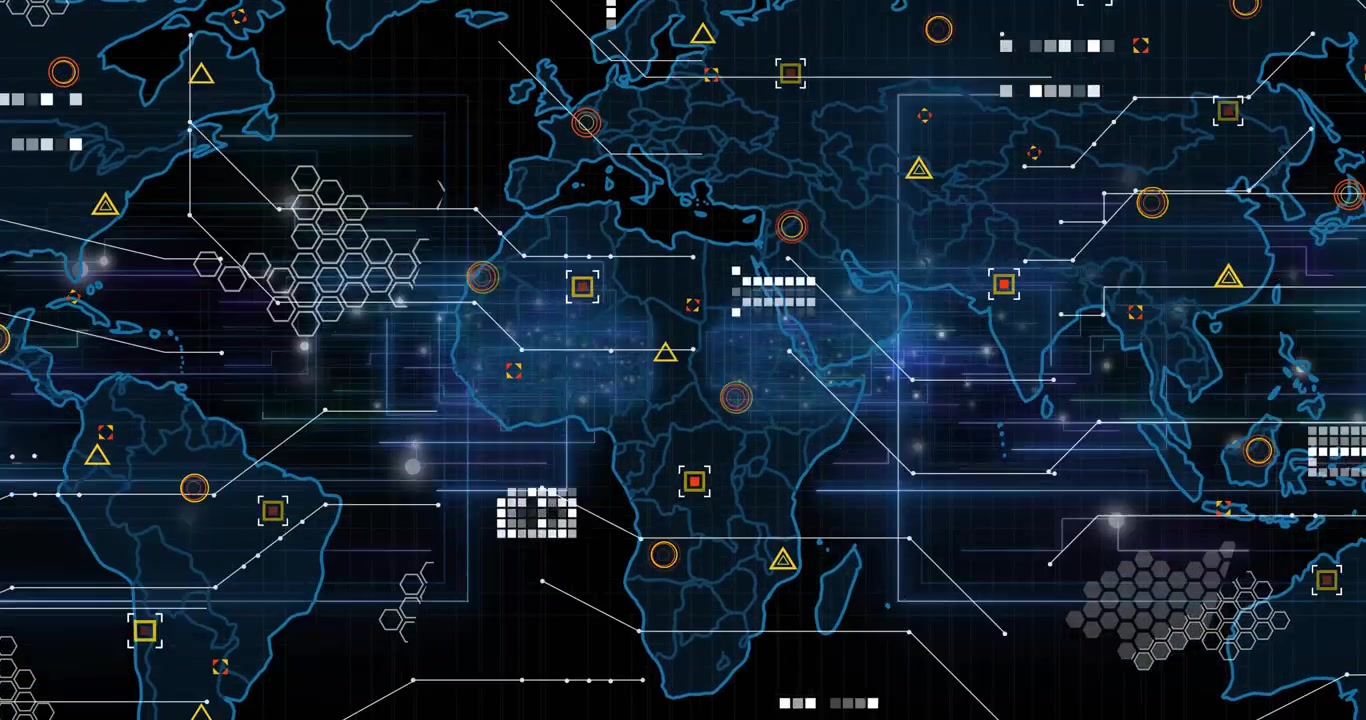 Opening screen, blue world map appearing, sliding data bars connecting nodes, activating network