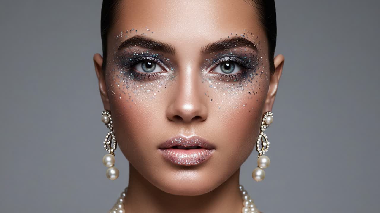 A Stunning Makeup Transformation: Captivating Close-up of a Glamorous Model with Sparkling Eye Makeup and Elegant Pearl Accessories