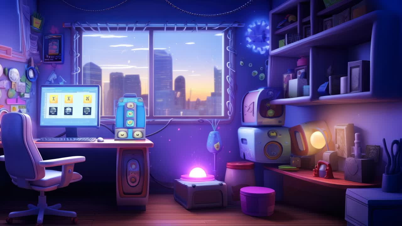 A cozy, futuristic workspace with a city view at sunset. The video game-themed room is captured