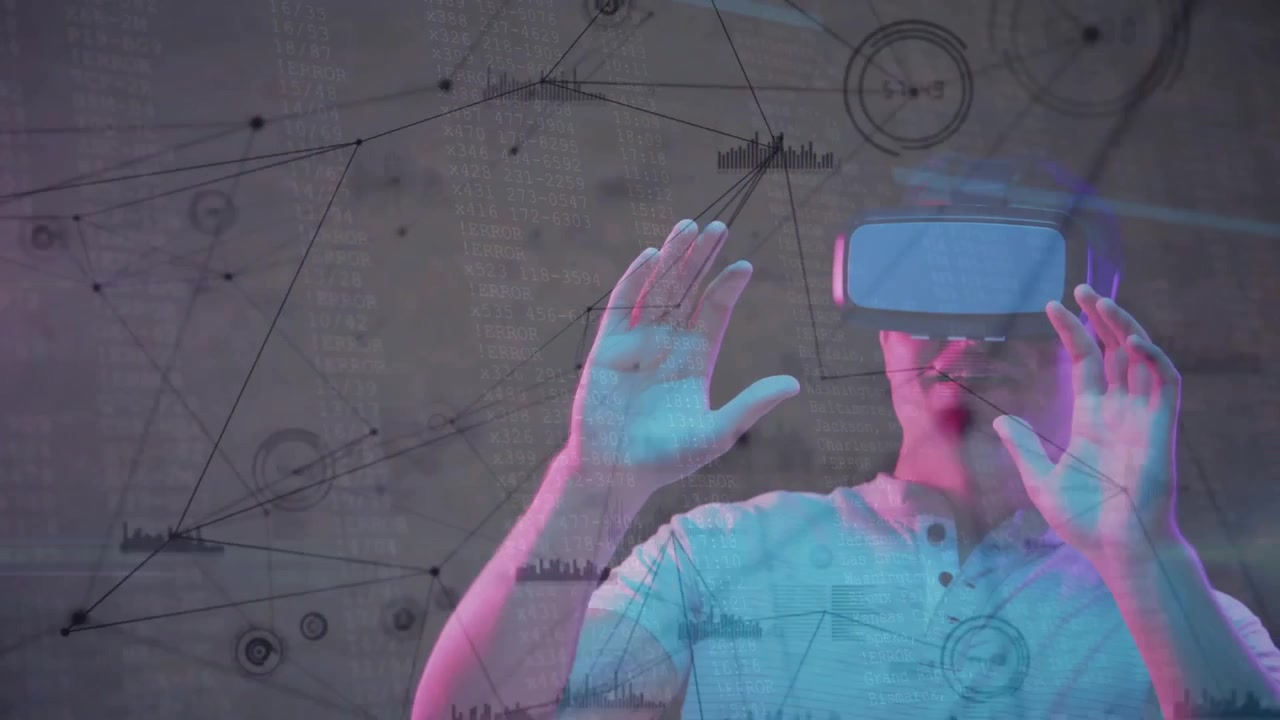 Utente VR che alza le mani all'inizio e fa apparire gradualmente grafici a nodi fluttuanti esplorando dati