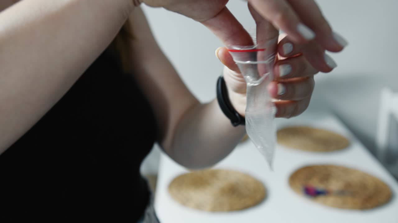 소녀는 진공 봉투에 아이의 머리카락 한 어리를 제거합니다.