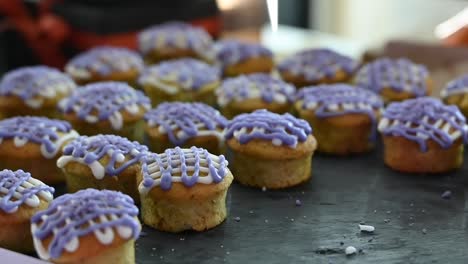 Basbousa-bites-with-lavender-topping,-Arabic-mini-bites-sweets