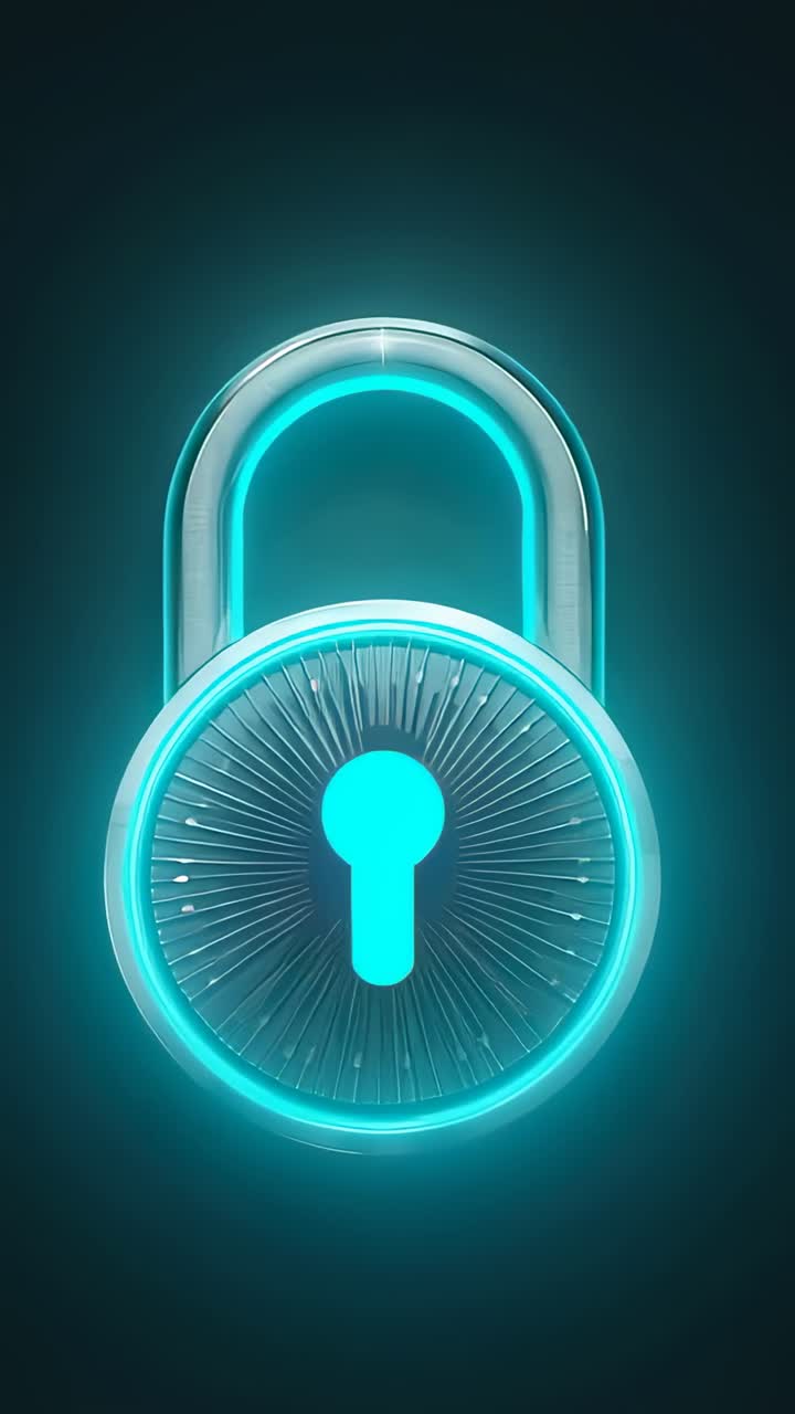 Vertical video: Starting animation, padlock glowing on dark backdrop, halo keyhole lighting for UI