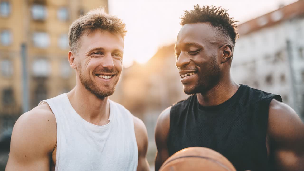 Capturing the Bond: Two Friends Enjoying a Joyful Moment Together on a Basketball Court at Sunset, Celebrating Their Love for the Game and Each Other