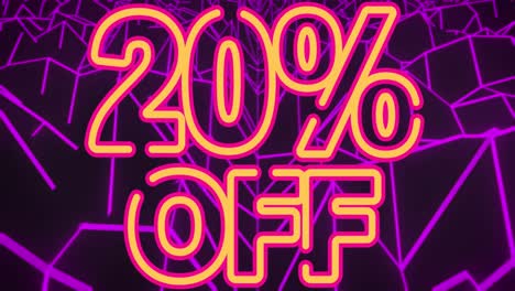 animation of 20 percent off neon text on purple cubes in background