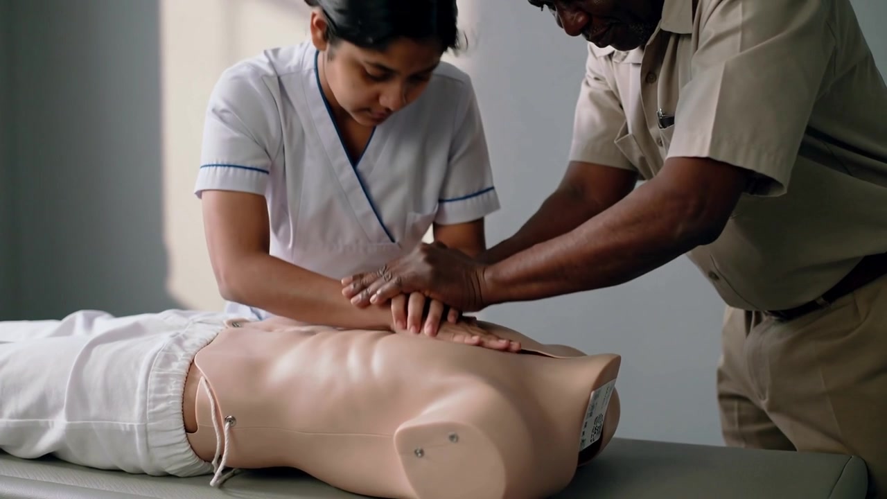 Placing hands over trainee, coach guiding chest presses in lab with sensor-manikin for CPR