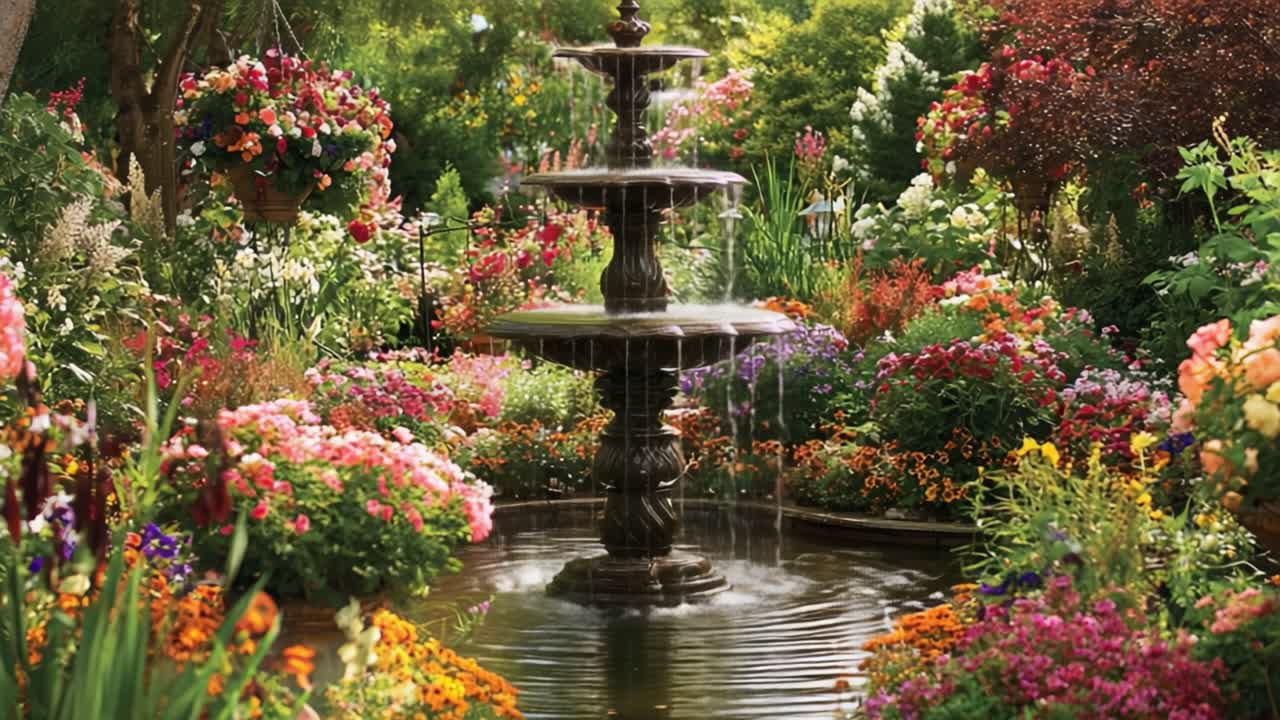 Un'oasi serena: affascinante fontana d'acqua da giardino circondata da fiori vivaci e vegetazione lussureggiante in un paesaggio pittoresco.