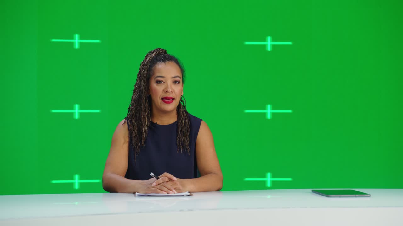 sala de noticias estudio de televisión programa de noticias en vivo con fondo de pantalla verde: presentadora femenina informando, hablando. presentadora de canal de cable de televisión. reproducción de maqueta de transmisión de red con marcadores de seguimiento