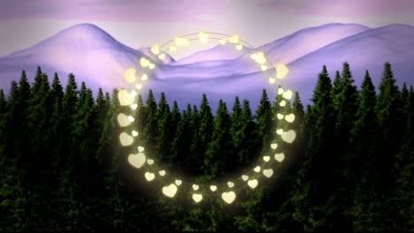 Animation-of-fairy-light-frame-with-copy-space-over-fir-trees-and-winter-scenery