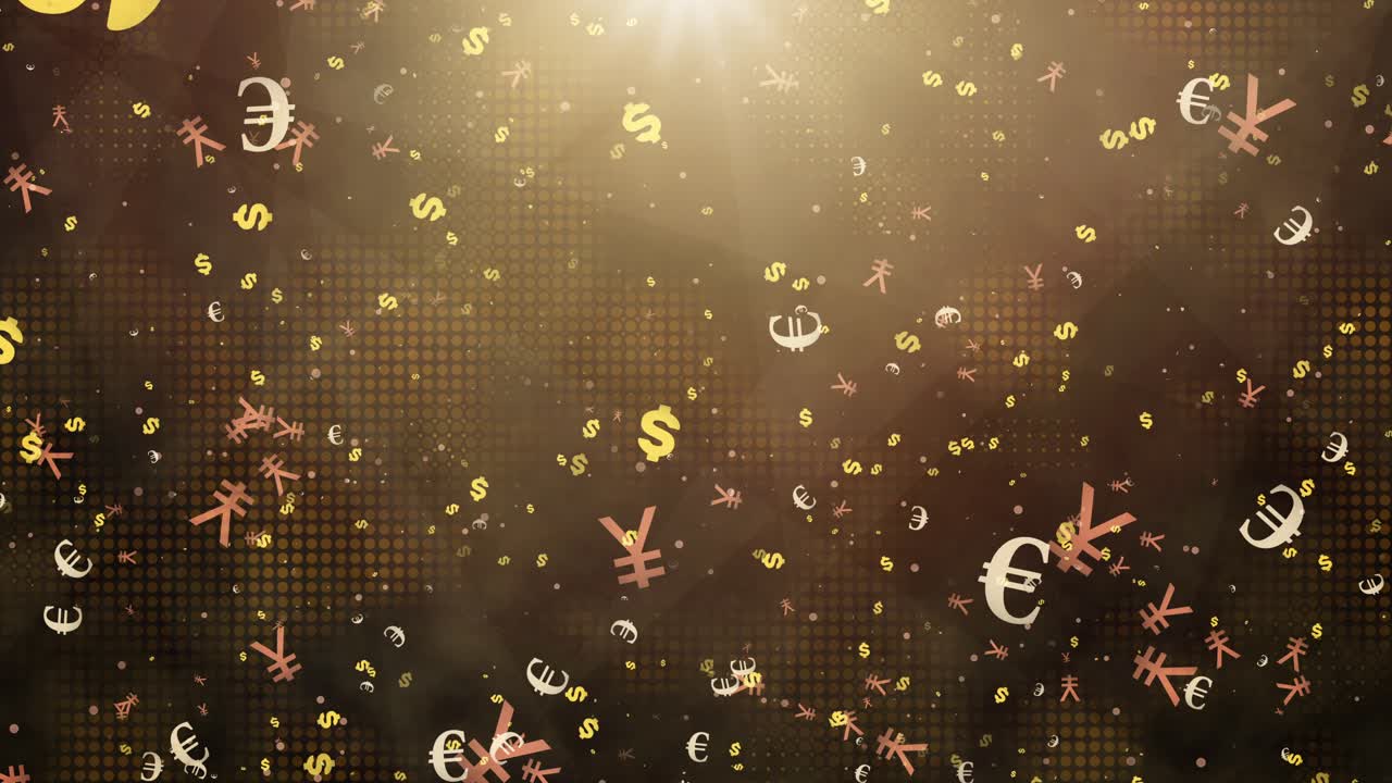 Global currency symbols, including dollar, euro, and yen floating and falling amidst glowing golden particles - loopable animation, abstract background, finance, global economy, and wealth