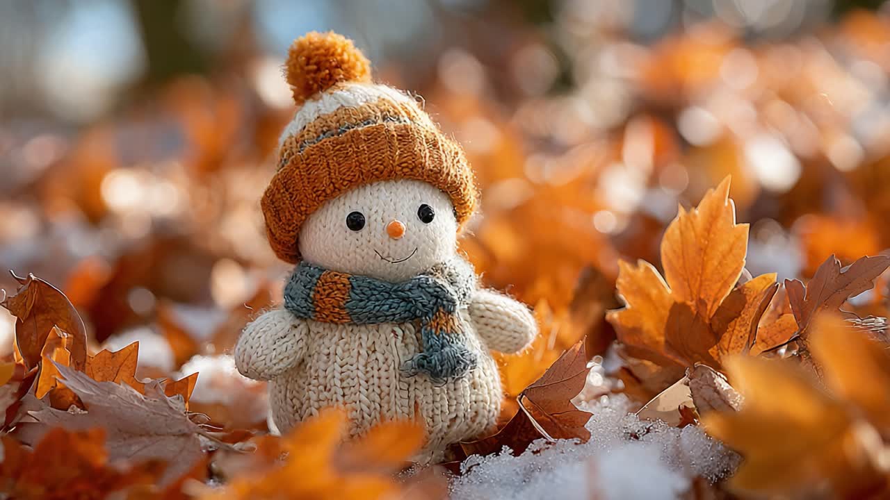 A Charming Handcrafted Snowman Surrounded by Autumn Leaves, Showcasing a Delightful Seasonal Transition in a Serene Outdoor Setting