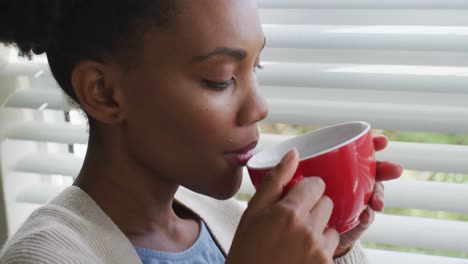 Video-of-thoughtful-african-american-woman-drinking-coffee-and-looking-outside-window