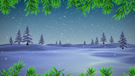 Animation-of-green-branches-and-snow-falling-over-trees-on-winter-landscape