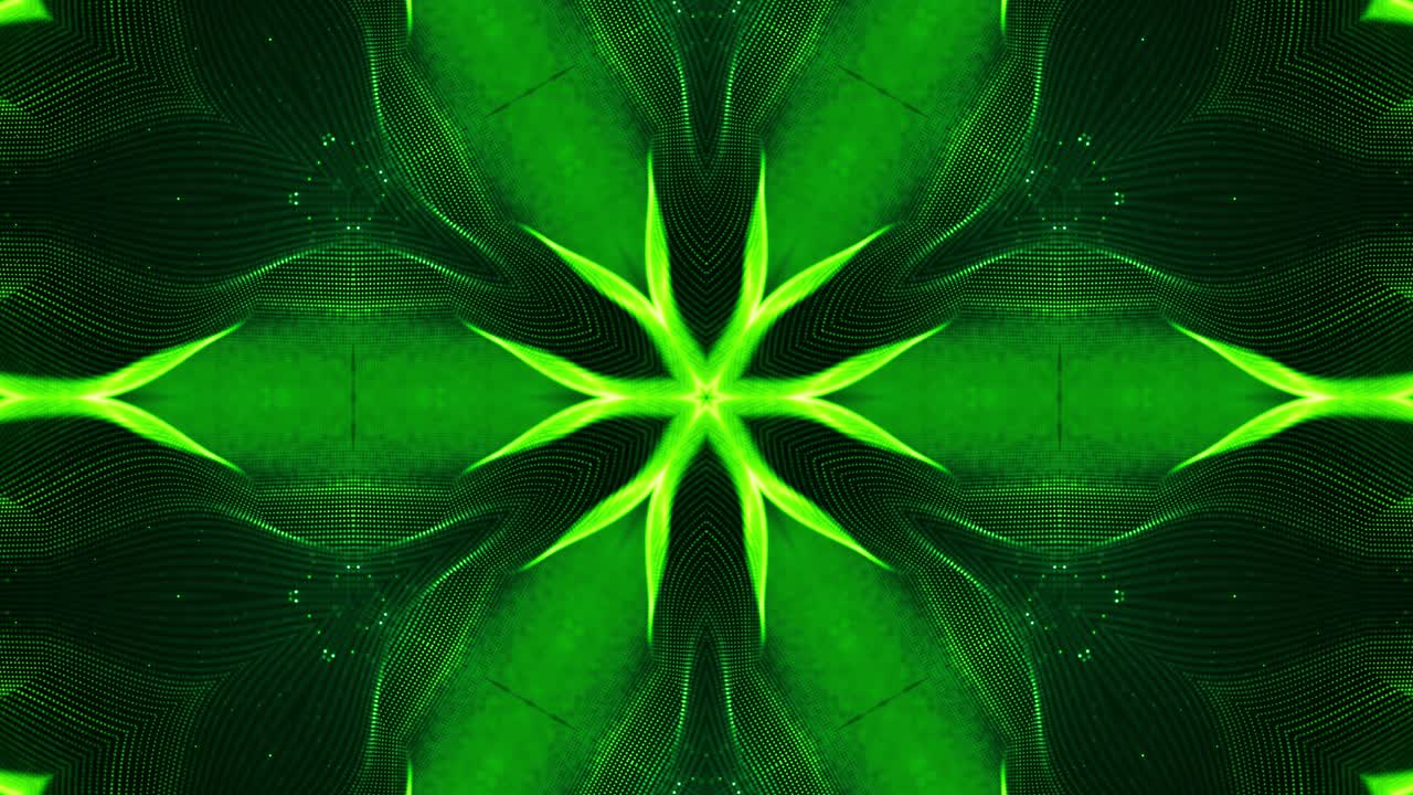 las partículas verdes brillantes forman líneas, superficies, patrones estelares, estructuras de caleidoscopio. fondo 3d de ciencia ficción en bucle de 4k con estructuras de puntos simétricos de abstracción en movimiento. bg virtual o holográfico