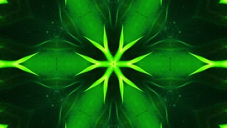 las partículas verdes brillantes forman líneas, superficies, patrones estelares, estructuras de caleidoscopio. fondo 3d de ciencia ficción en bucle de 4k con estructuras de puntos simétricos de abstracción en movimiento. bg virtual o holográfico