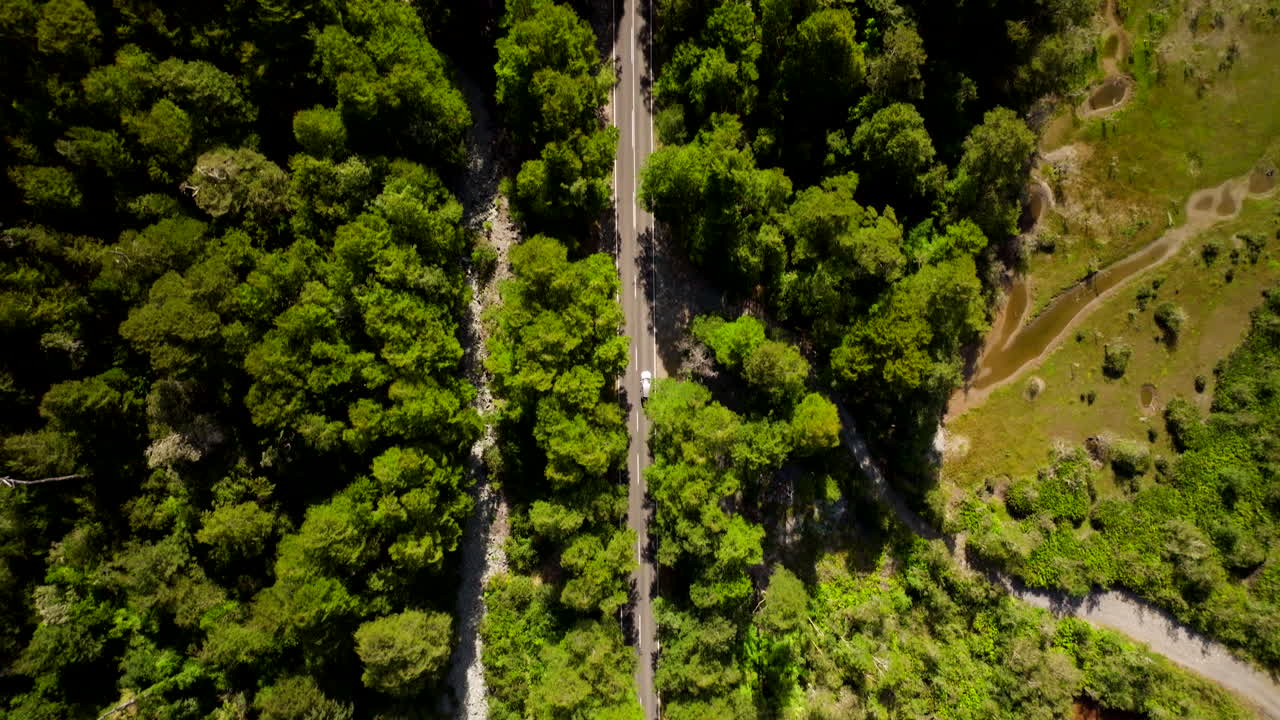 Drone top shot tracking car driving along Petrohue River through lush forest in southern Chile