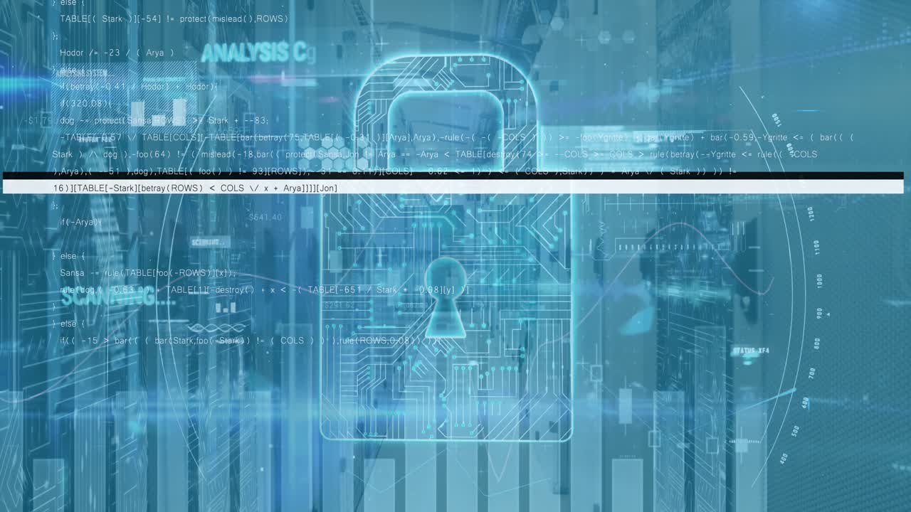 Animation of security padlock icon and data processing against computer server room