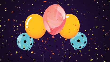 animation of colorful balloons flying and falling confetti over dark background