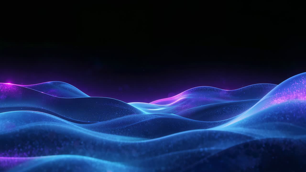 Animation starting neon wave field undulating in abstract studio, with particles and horizon glow