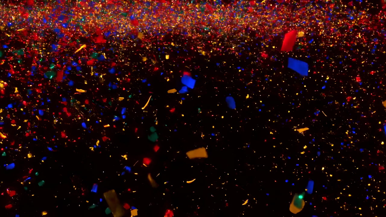 Colorful Confetti Falling Over Dark Background, Shimmering Glitter And Ribbons Drifting In Slow Motion,