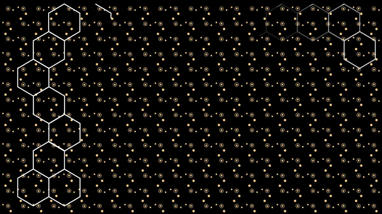 Animation of white line hexagons multiplying over yellow and white dots moving on black background