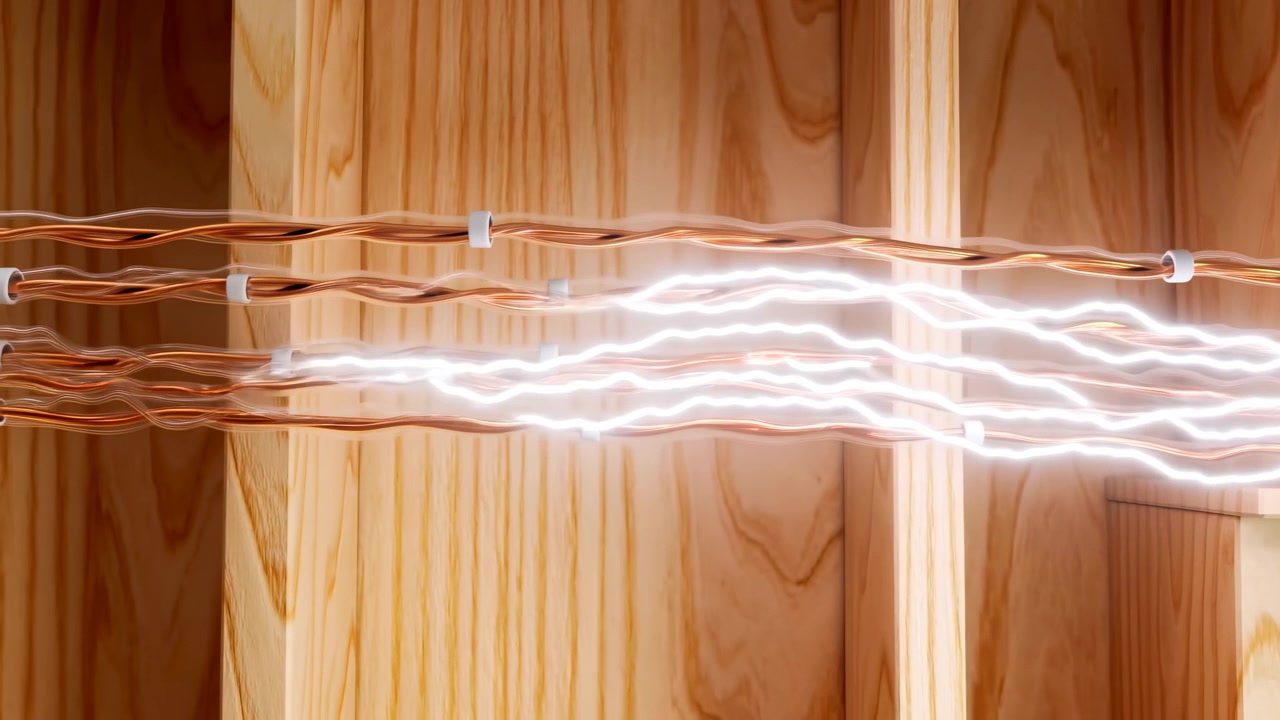 Scariche elettriche bianche e luminose sfarfallano e si propagano attraverso diversi conduttori di rame paralleli, contrastando con le calde venature del legno e piccole clip di montaggio in primo piano.