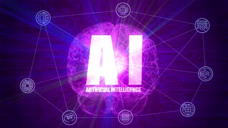 high quality vfx motion graphics animation depicting emerging technology in the artificial intelligence ai, with spinning particle brain, symbols and abstract plexus design, in purple color scheme