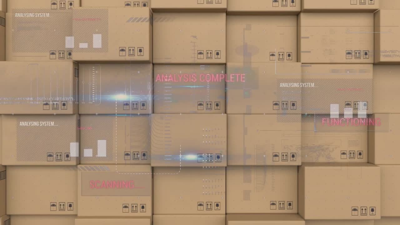 interfaz digital con procesamiento de datos contra la pila de cajas de entrega