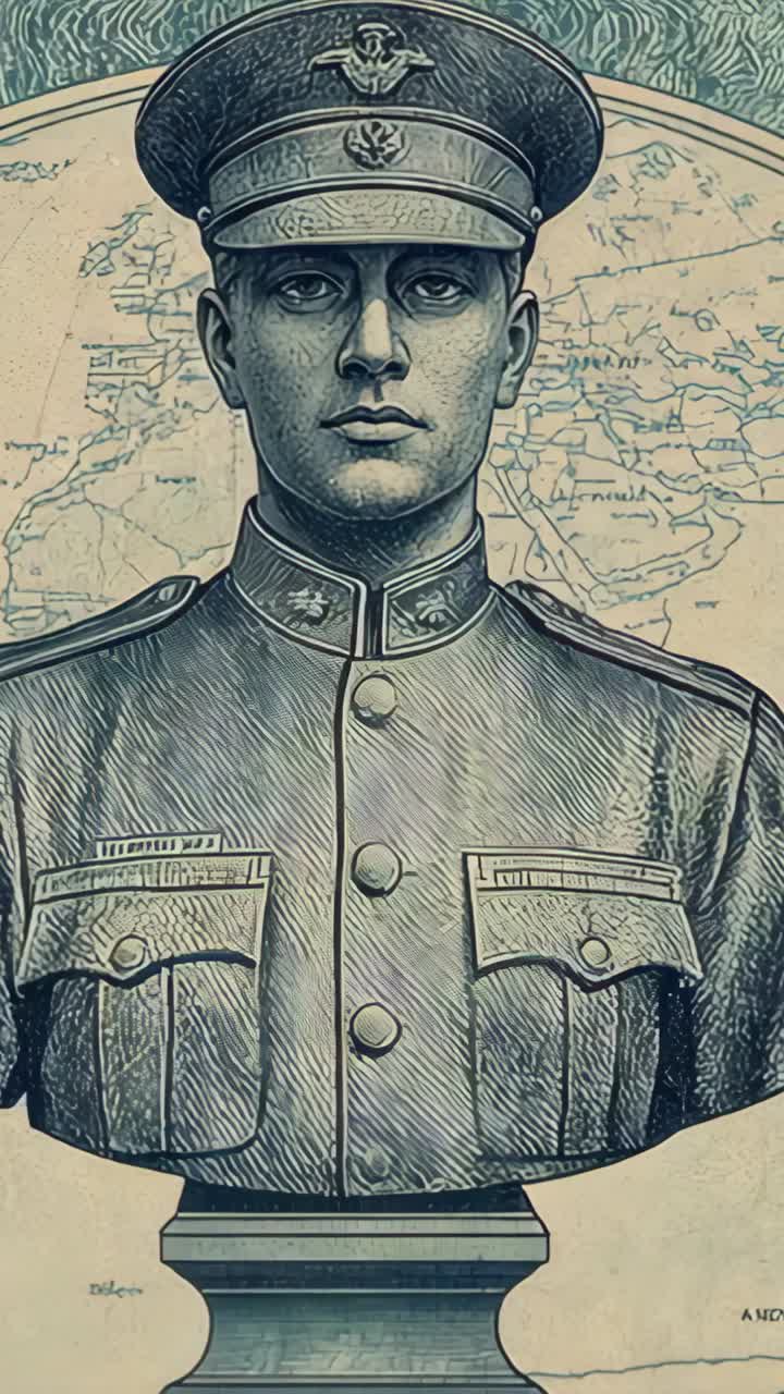 Vertical video: Zooming military officer bust showing cap insignia and tunic details against map