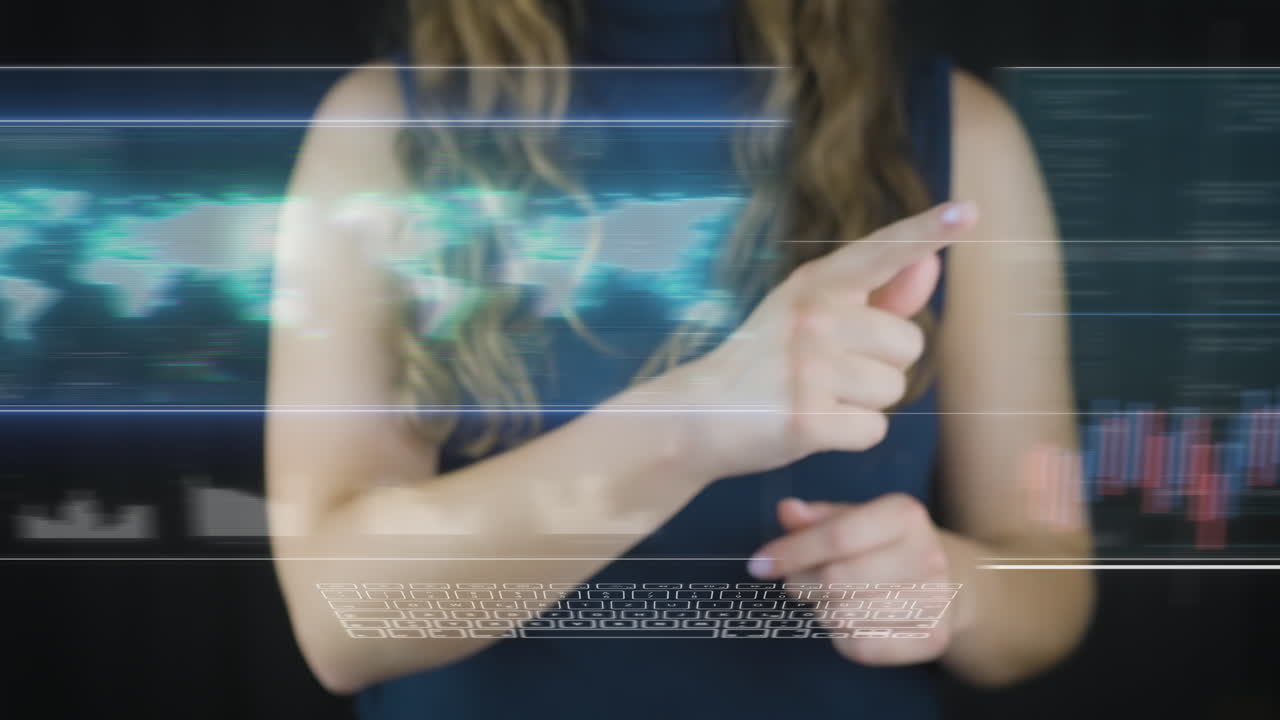 modelo femenino usando la pantalla táctil del futuro se desplaza a través de varios datos financieros del mercado de valores con gráficos, gráficos y tendencias de precios