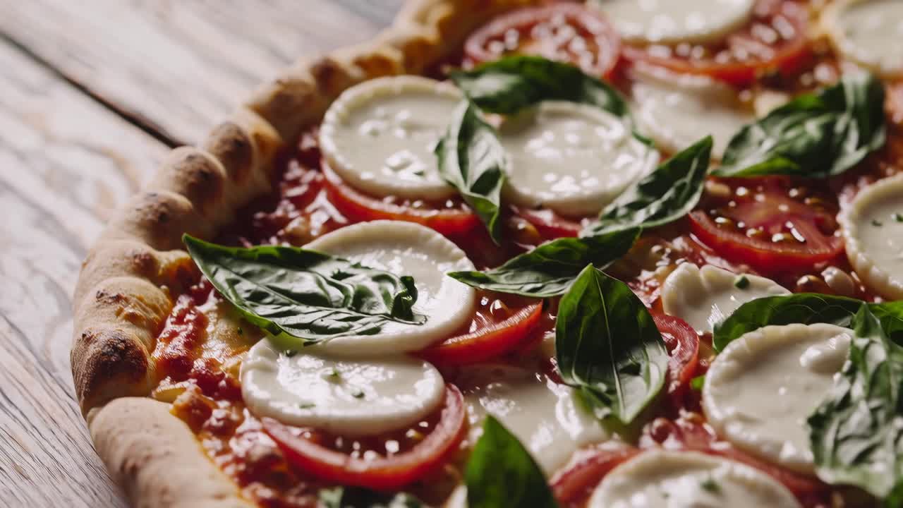 Close-up video of a fresh Margherita pizza, showcasing vibrant basil, tomatoes, and mozzarella