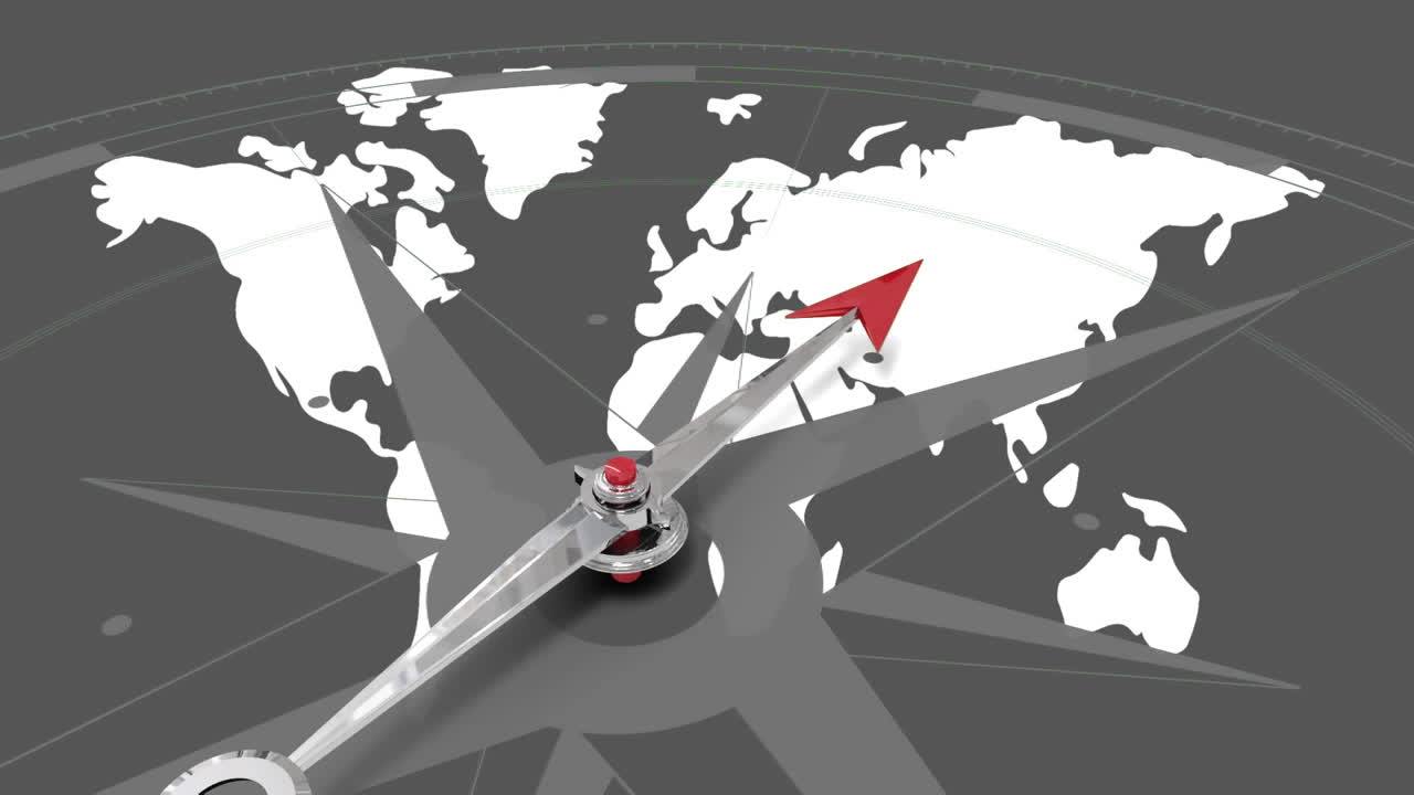 배경 에 있는 세계 지도 를 가리키는 나침반