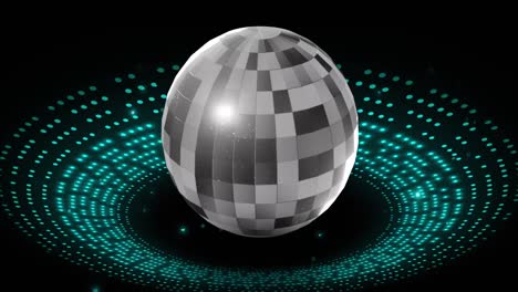 Animation-of-retro-disco-mirror-ball-and-glowing-green-light-on-black-background
