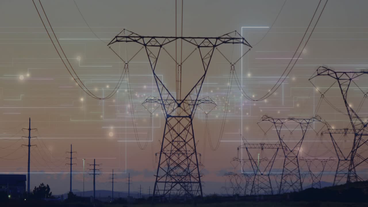 HUD appearing, cam pulling back from blurred beam revealing pylons, aligning nodes showing grid