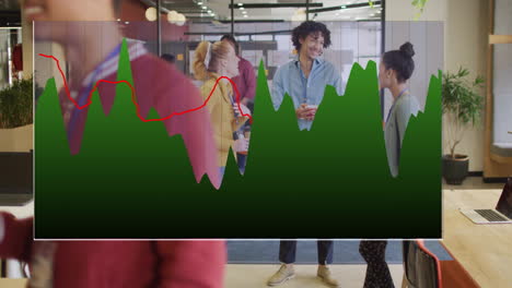 business graph animation over diverse colleagues chatting in modern office
