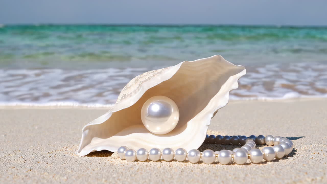 Beautiful pearl on a seashell on a beach
