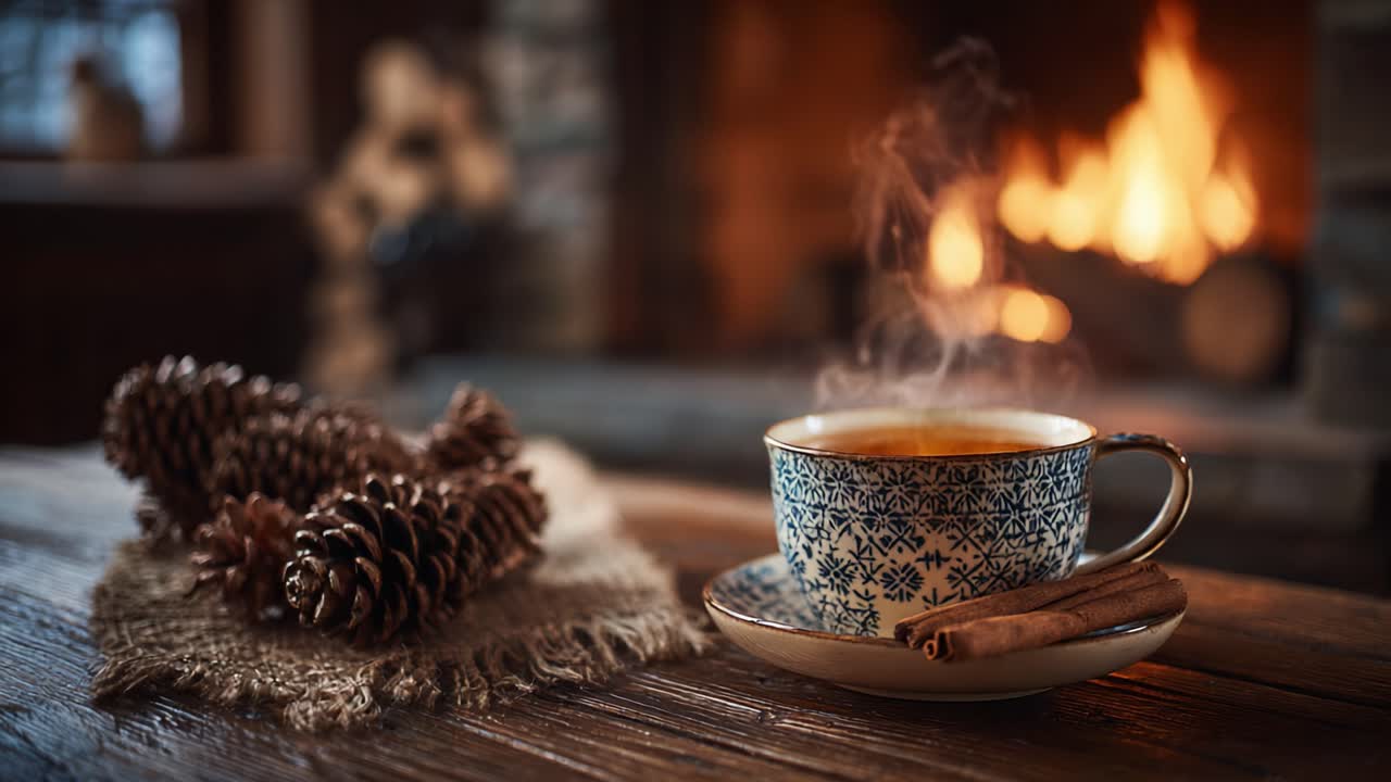 Warm and Cozy Winter Scene Featuring a Steaming Cup of Tea Beside a Crackling Fireplace with Rustic Pinecones Decoratively Arranged on a Wooden Table