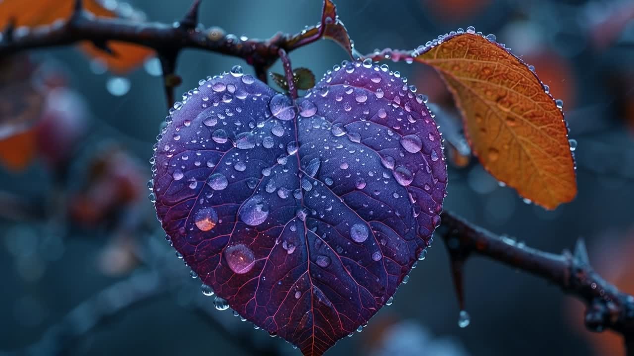 Dew-covered heart-shaped leaf in fall. A heart-shaped leaf with vibrant colors holds droplets of dew, showcasing nature's beauty during the fall season.