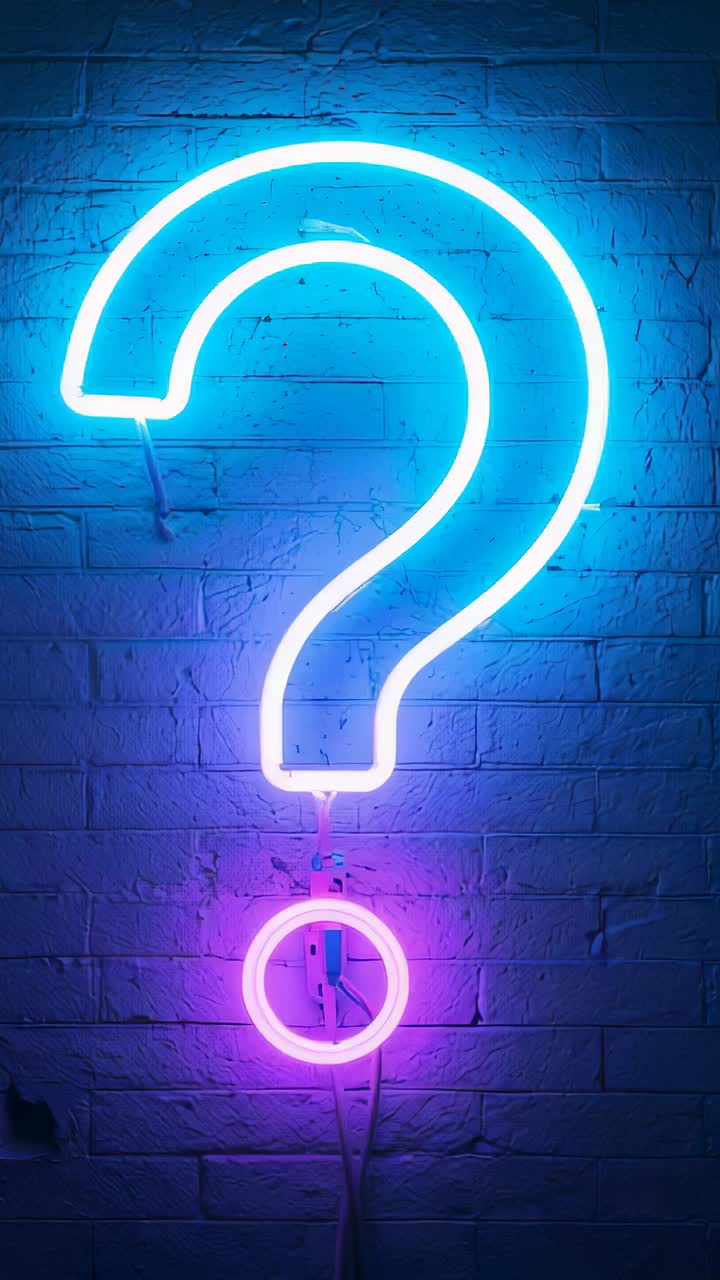 Vertical video: Power-flickering question-mark neon sign flashing at brick wall, revealing cables