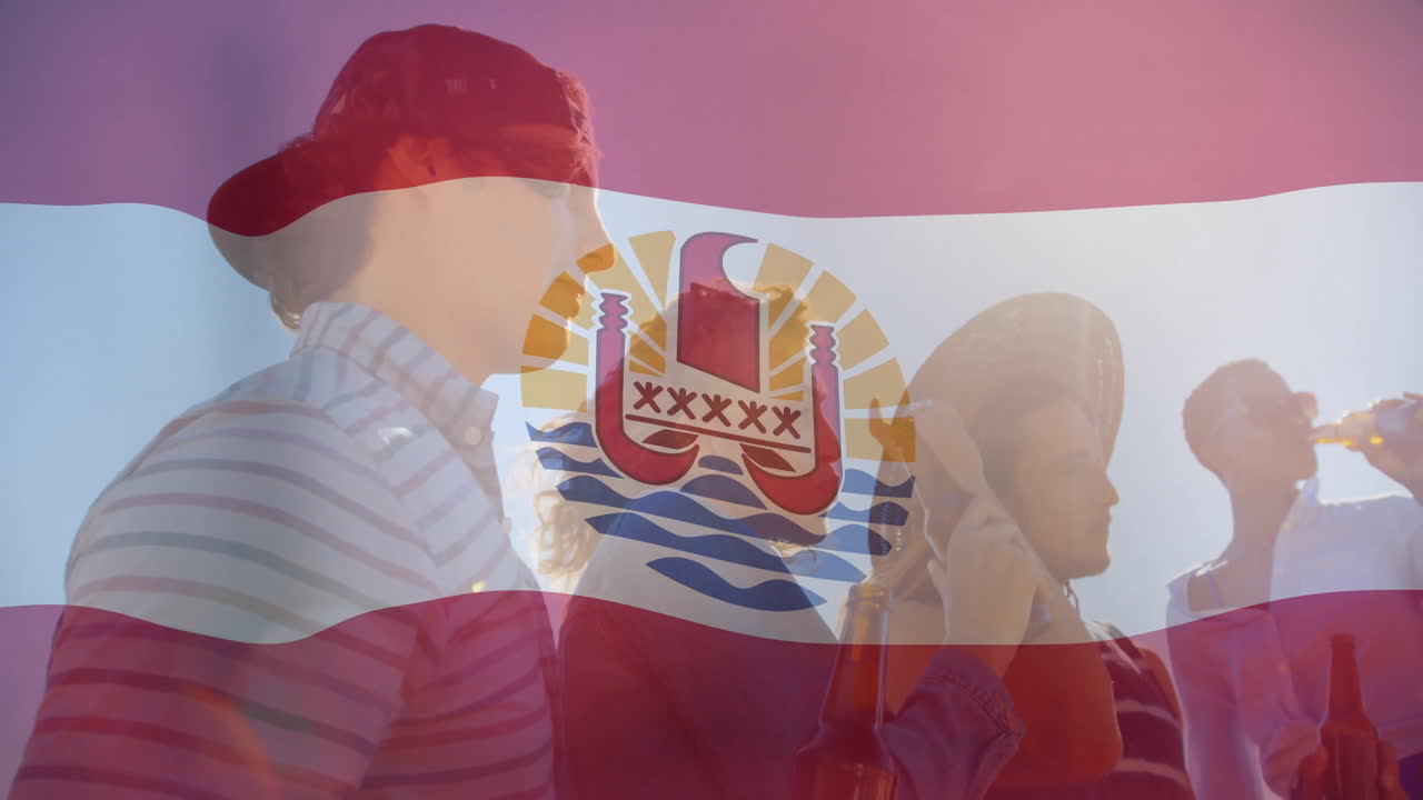 French Polynesia flag overlay on animation of people celebrating outdoors